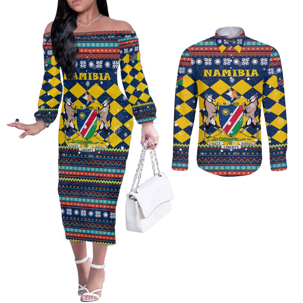Namibia Christmas Couples Matching Off The Shoulder Long Sleeve Dress and Long Sleeve Button Shirt with Blue-Yellow Diamond Pattern, Coat of Arms, and Flag Map Motif - Wonder Print Shop