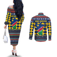 Namibia Christmas Couples Matching Off The Shoulder Long Sleeve Dress and Long Sleeve Button Shirt with Blue-Yellow Diamond Pattern, Coat of Arms, and Flag Map Motif - Wonder Print Shop