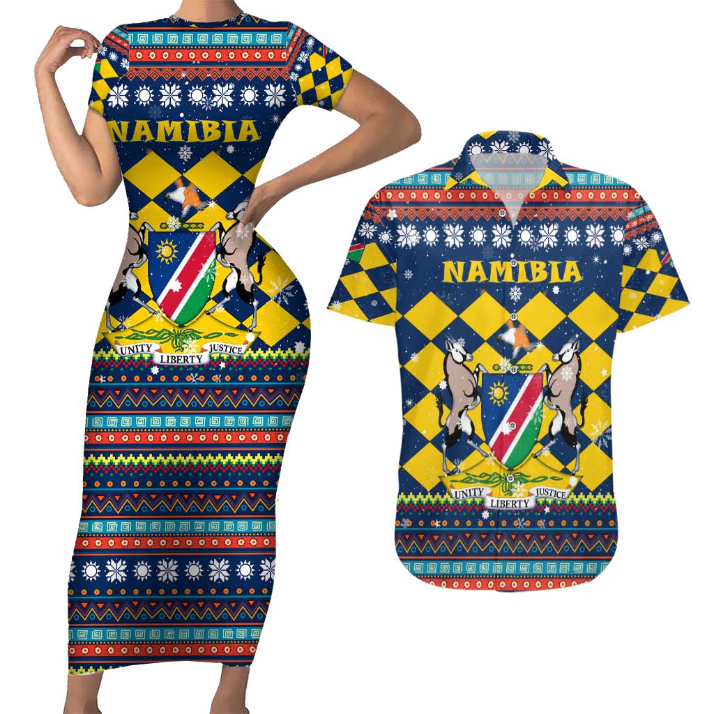 Namibia Christmas Couples Matching Short Sleeve Bodycon Dress and Hawaiian Shirt with Blue-Yellow Diamond Pattern, Coat of Arms, and Flag Map Motif - Wonder Print Shop