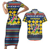 Namibia Christmas Couples Matching Short Sleeve Bodycon Dress and Hawaiian Shirt with Blue-Yellow Diamond Pattern, Coat of Arms, and Flag Map Motif - Wonder Print Shop