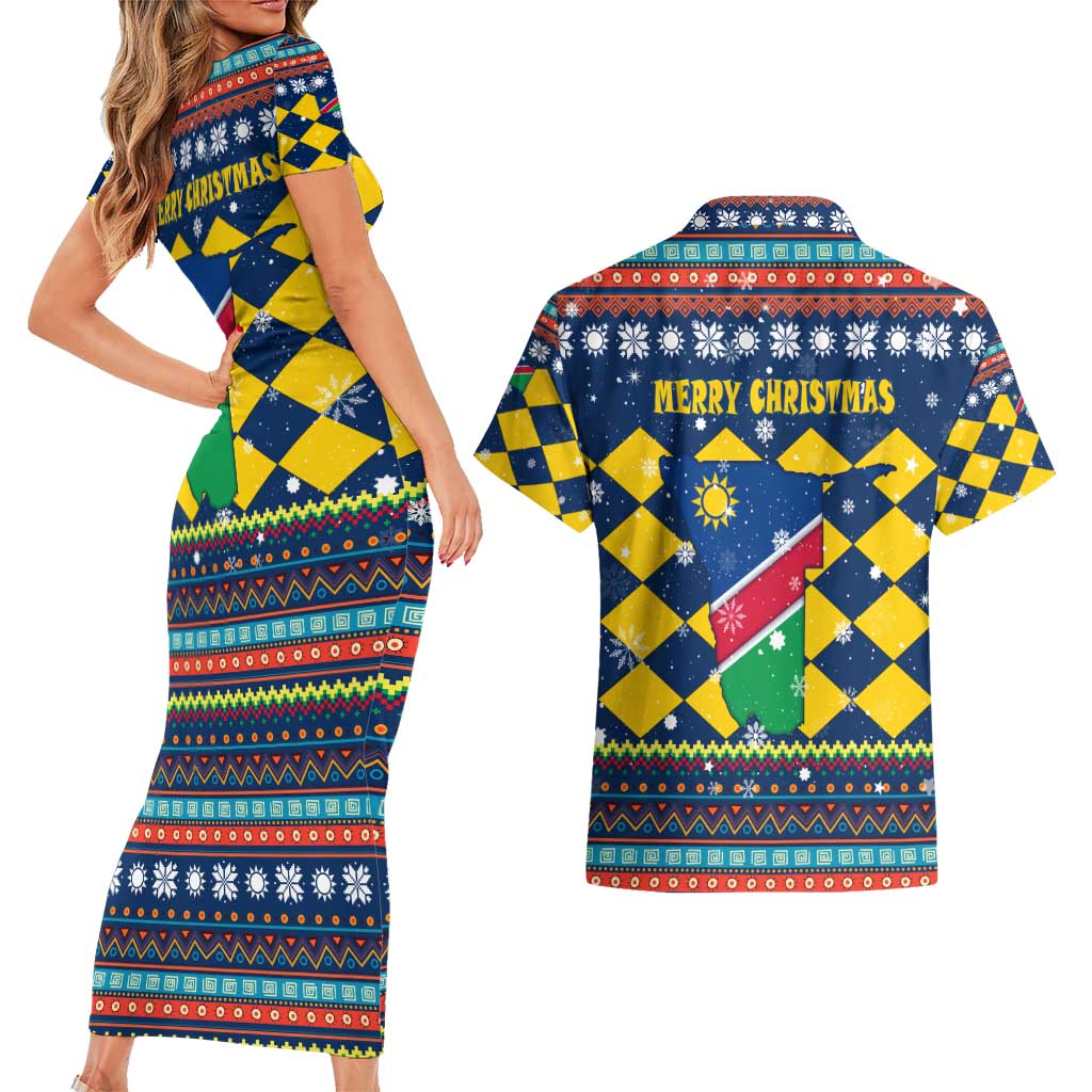 Namibia Christmas Couples Matching Short Sleeve Bodycon Dress and Hawaiian Shirt with Blue-Yellow Diamond Pattern, Coat of Arms, and Flag Map Motif - Wonder Print Shop