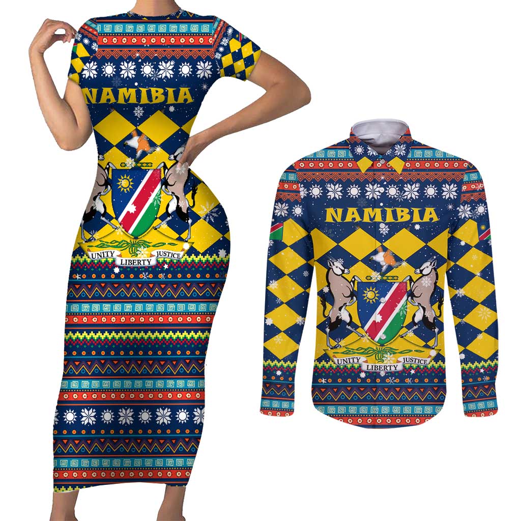 Namibia Christmas Couples Matching Short Sleeve Bodycon Dress and Long Sleeve Button Shirt with Blue-Yellow Diamond Pattern, Coat of Arms, and Flag Map Motif - Wonder Print Shop