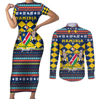 Namibia Christmas Couples Matching Short Sleeve Bodycon Dress and Long Sleeve Button Shirt with Blue-Yellow Diamond Pattern, Coat of Arms, and Flag Map Motif - Wonder Print Shop
