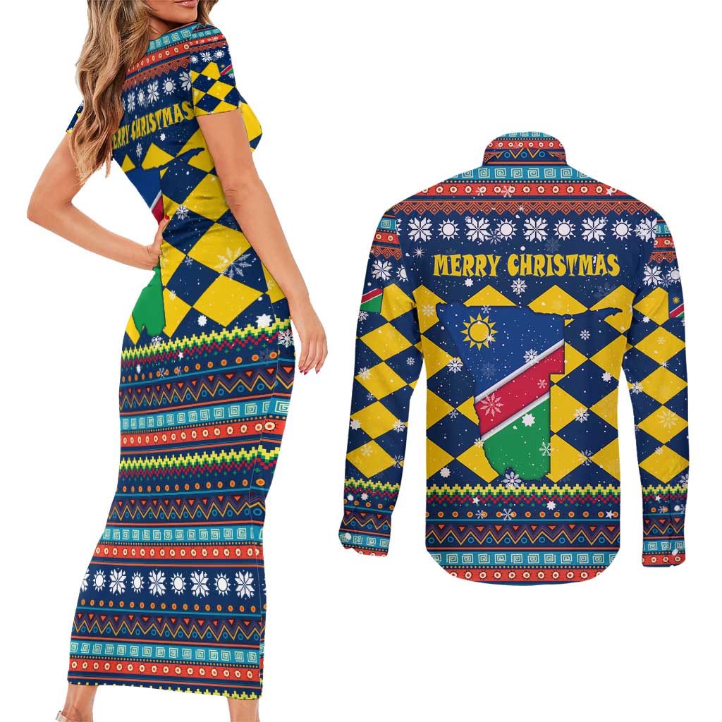 Namibia Christmas Couples Matching Short Sleeve Bodycon Dress and Long Sleeve Button Shirt with Blue-Yellow Diamond Pattern, Coat of Arms, and Flag Map Motif - Wonder Print Shop
