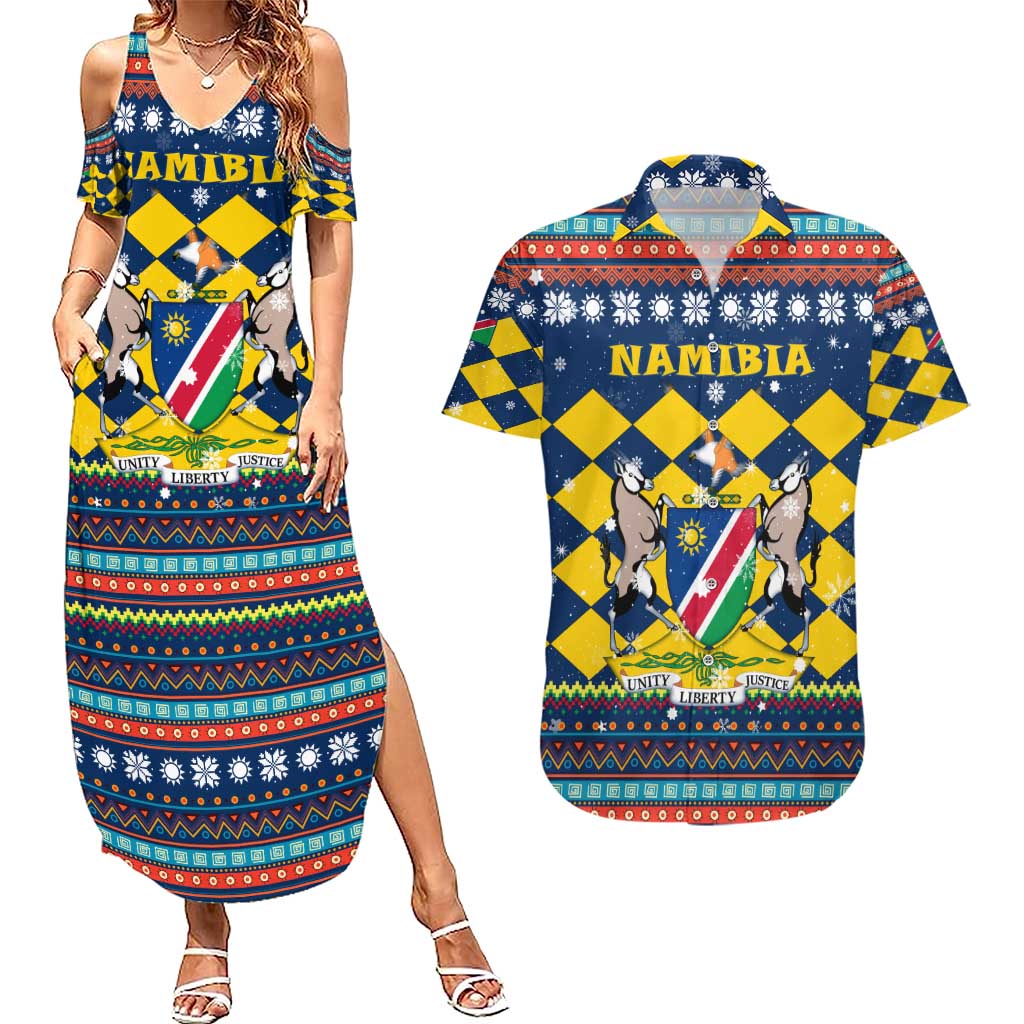 Namibia Christmas Couples Matching Summer Maxi Dress and Hawaiian Shirt with Blue-Yellow Diamond Pattern, Coat of Arms, and Flag Map Motif - Wonder Print Shop