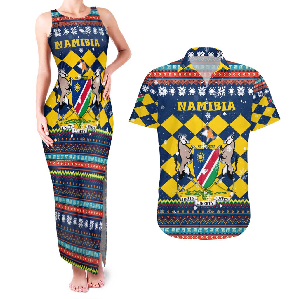 Namibia Christmas Couples Matching Tank Maxi Dress and Hawaiian Shirt with Blue-Yellow Diamond Pattern, Coat of Arms, and Flag Map Motif - Wonder Print Shop