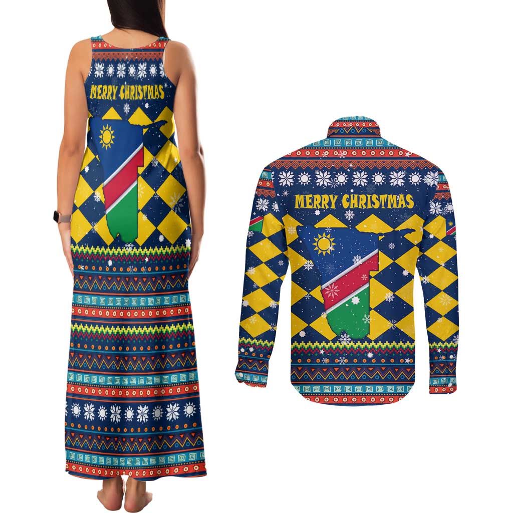 Namibia Christmas Couples Matching Tank Maxi Dress and Long Sleeve Button Shirt with Blue-Yellow Diamond Pattern, Coat of Arms, and Flag Map Motif - Wonder Print Shop