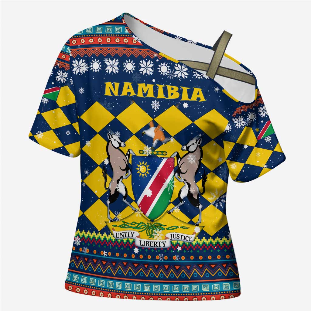 Namibia Christmas Cross Shoulder Shirt with Blue-Yellow Diamond Pattern, Coat of Arms, and Flag Map Motif - Wonder Print Shop