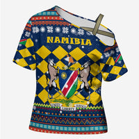Namibia Christmas Cross Shoulder Shirt with Blue-Yellow Diamond Pattern, Coat of Arms, and Flag Map Motif - Wonder Print Shop