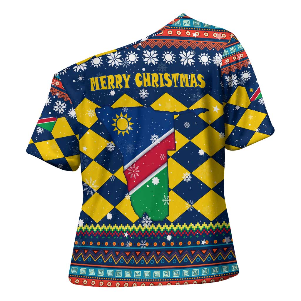 Namibia Christmas Cross Shoulder Shirt with Blue-Yellow Diamond Pattern, Coat of Arms, and Flag Map Motif - Wonder Print Shop