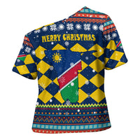Namibia Christmas Cross Shoulder Shirt with Blue-Yellow Diamond Pattern, Coat of Arms, and Flag Map Motif - Wonder Print Shop