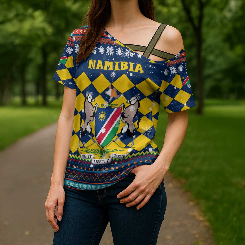 Namibia Christmas Cross Shoulder Shirt with Blue-Yellow Diamond Pattern, Coat of Arms, and Flag Map Motif - Wonder Print Shop