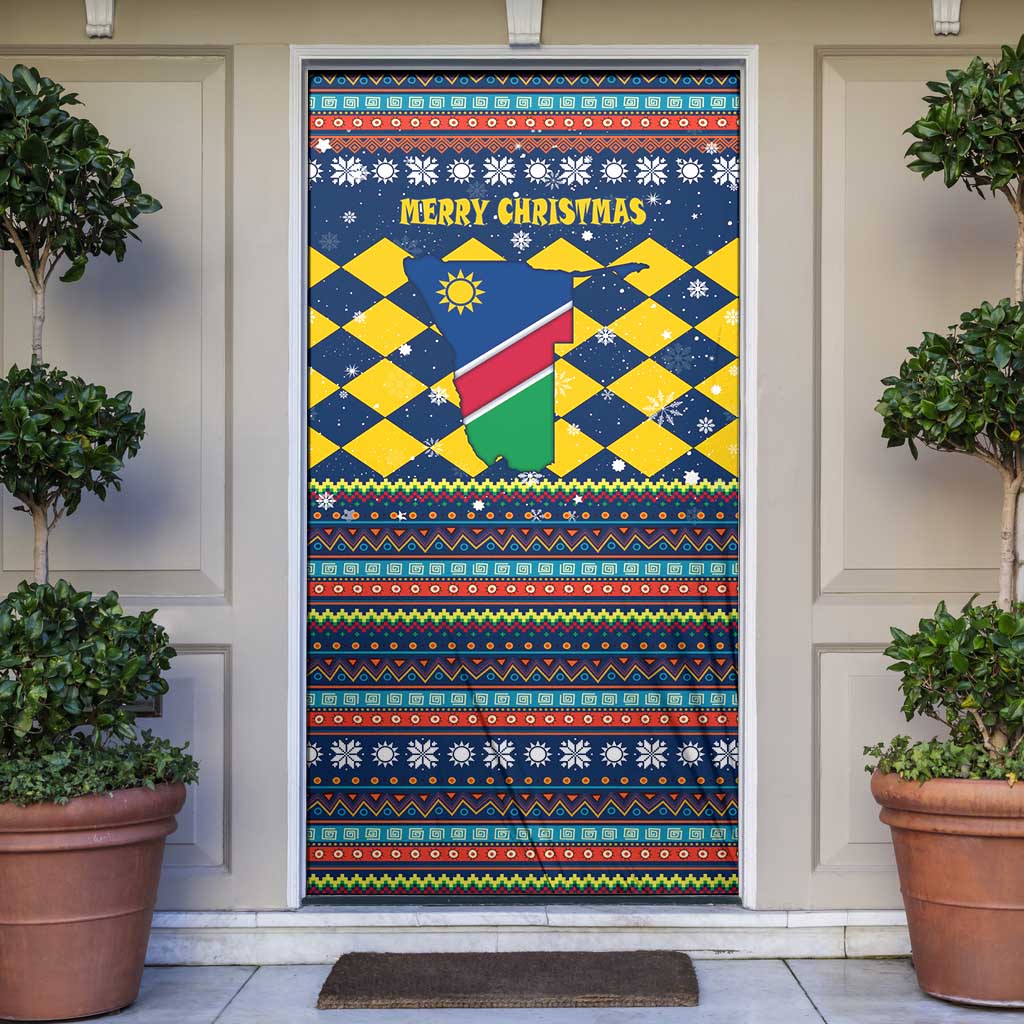 Namibia Christmas Door Cover with Blue-Yellow Diamond Pattern, Coat of Arms, and Flag Map Motif - Wonder Print Shop