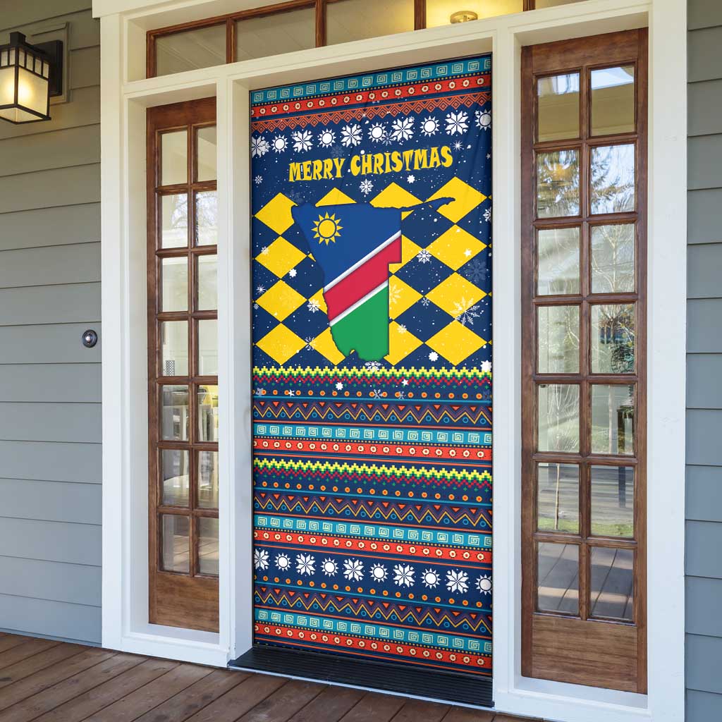 Namibia Christmas Door Cover with Blue-Yellow Diamond Pattern, Coat of Arms, and Flag Map Motif - Wonder Print Shop