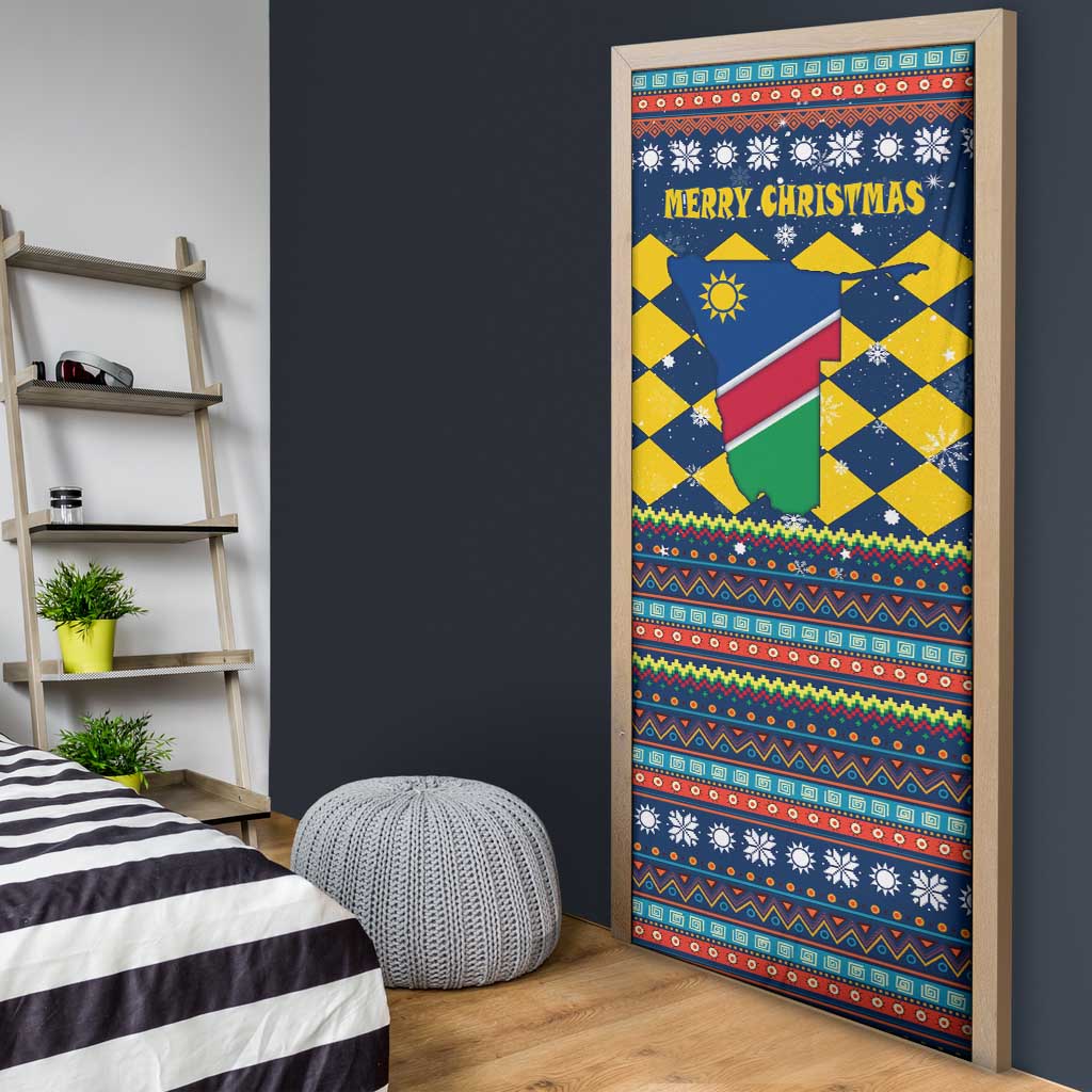 Namibia Christmas Door Cover with Blue-Yellow Diamond Pattern, Coat of Arms, and Flag Map Motif - Wonder Print Shop