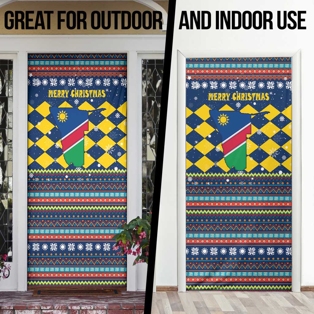 Namibia Christmas Door Cover with Blue-Yellow Diamond Pattern, Coat of Arms, and Flag Map Motif - Wonder Print Shop