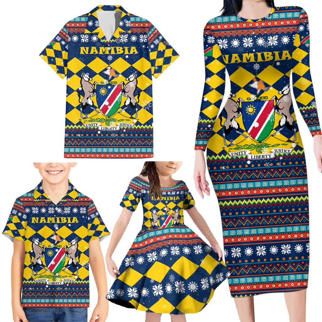 Namibia Christmas Family Matching Long Sleeve Bodycon Dress and Hawaiian Shirt with Blue-Yellow Diamond Pattern, Coat of Arms, and Flag Map Motif - Wonder Print Shop