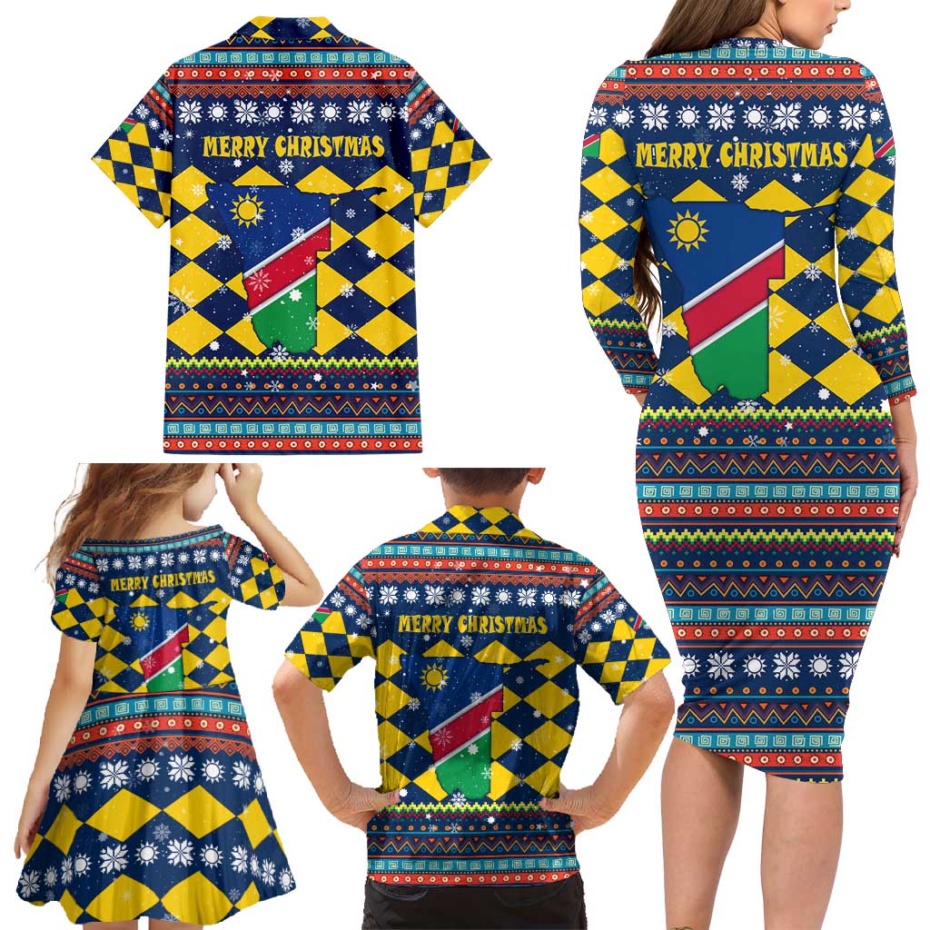 Namibia Christmas Family Matching Long Sleeve Bodycon Dress and Hawaiian Shirt with Blue-Yellow Diamond Pattern, Coat of Arms, and Flag Map Motif - Wonder Print Shop
