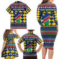 Namibia Christmas Family Matching Long Sleeve Bodycon Dress and Hawaiian Shirt with Blue-Yellow Diamond Pattern, Coat of Arms, and Flag Map Motif - Wonder Print Shop