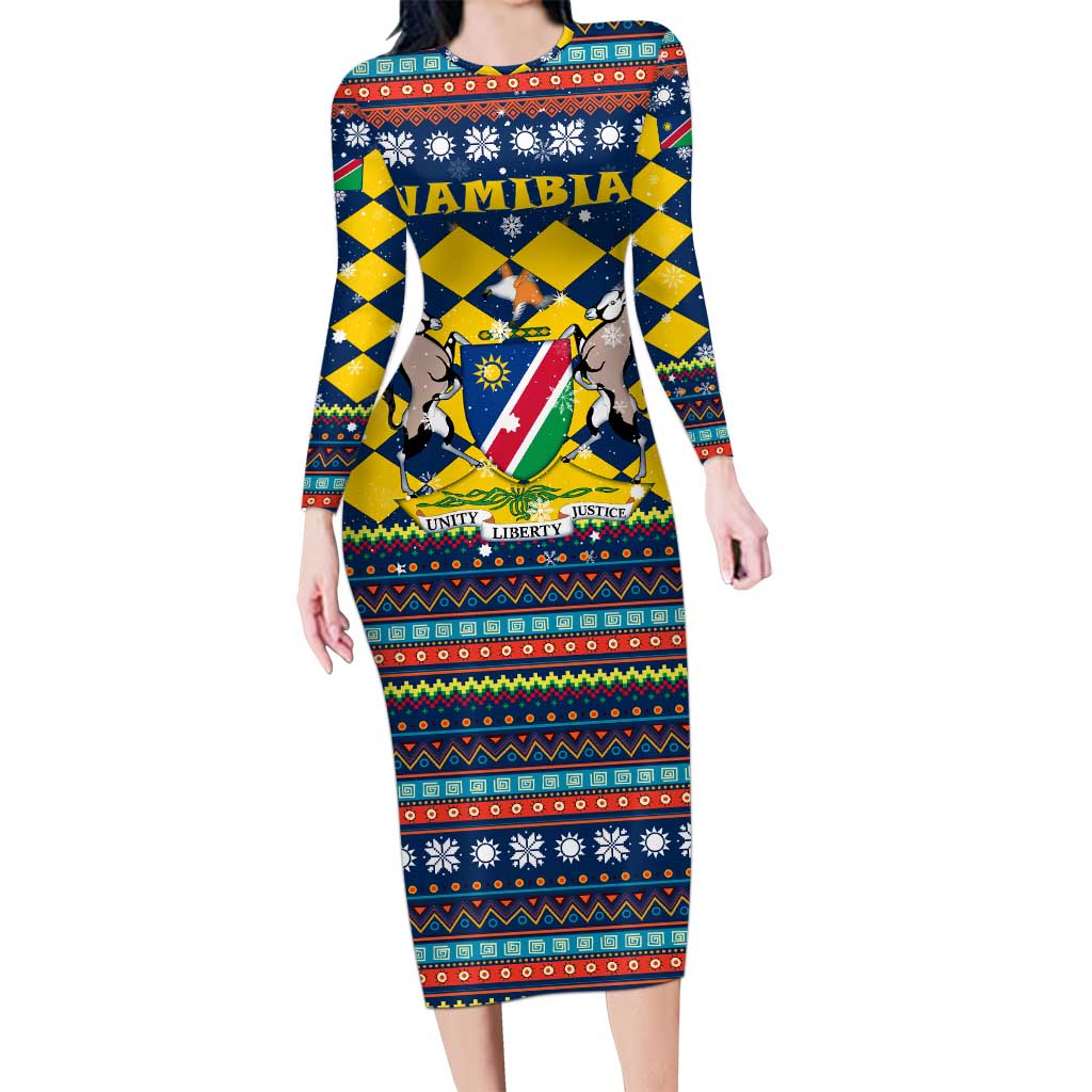 Namibia Christmas Family Matching Long Sleeve Bodycon Dress and Hawaiian Shirt with Blue-Yellow Diamond Pattern, Coat of Arms, and Flag Map Motif - Wonder Print Shop