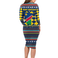 Namibia Christmas Family Matching Long Sleeve Bodycon Dress and Hawaiian Shirt with Blue-Yellow Diamond Pattern, Coat of Arms, and Flag Map Motif - Wonder Print Shop