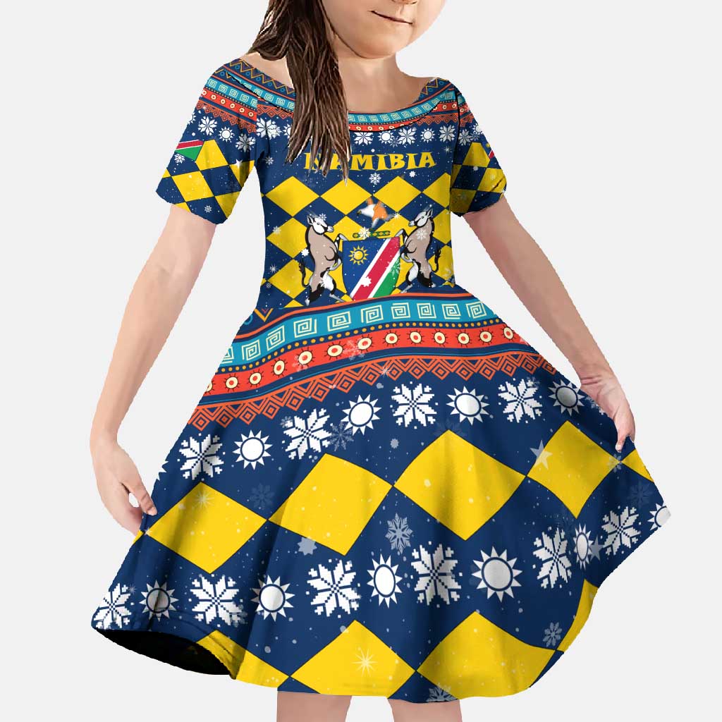 Namibia Christmas Family Matching Mermaid Dress and Hawaiian Shirt with Blue-Yellow Diamond Pattern, Coat of Arms, and Flag Map Motif - Wonder Print Shop