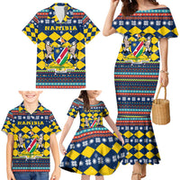 Namibia Christmas Family Matching Mermaid Dress and Hawaiian Shirt with Blue-Yellow Diamond Pattern, Coat of Arms, and Flag Map Motif - Wonder Print Shop