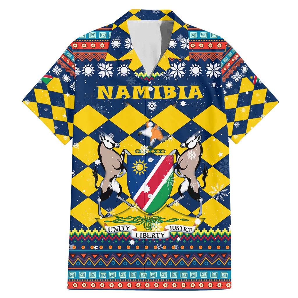 Namibia Christmas Family Matching Mermaid Dress and Hawaiian Shirt with Blue-Yellow Diamond Pattern, Coat of Arms, and Flag Map Motif - Wonder Print Shop