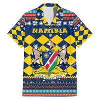 Namibia Christmas Family Matching Mermaid Dress and Hawaiian Shirt with Blue-Yellow Diamond Pattern, Coat of Arms, and Flag Map Motif - Wonder Print Shop