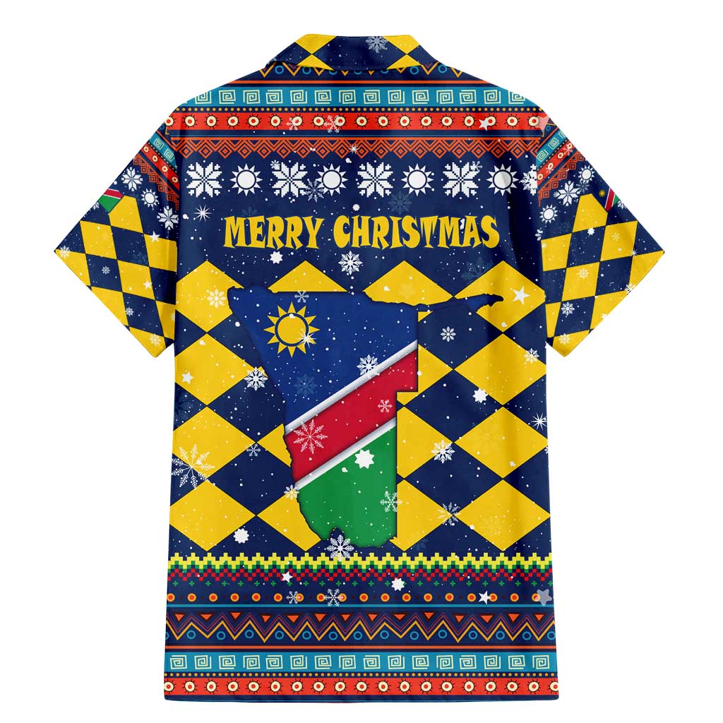 Namibia Christmas Family Matching Mermaid Dress and Hawaiian Shirt with Blue-Yellow Diamond Pattern, Coat of Arms, and Flag Map Motif - Wonder Print Shop