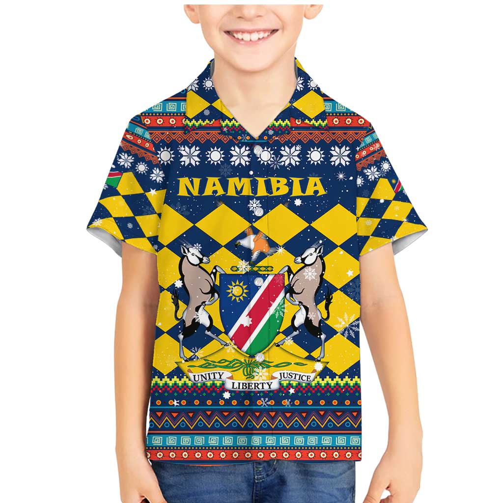Namibia Christmas Family Matching Mermaid Dress and Hawaiian Shirt with Blue-Yellow Diamond Pattern, Coat of Arms, and Flag Map Motif - Wonder Print Shop