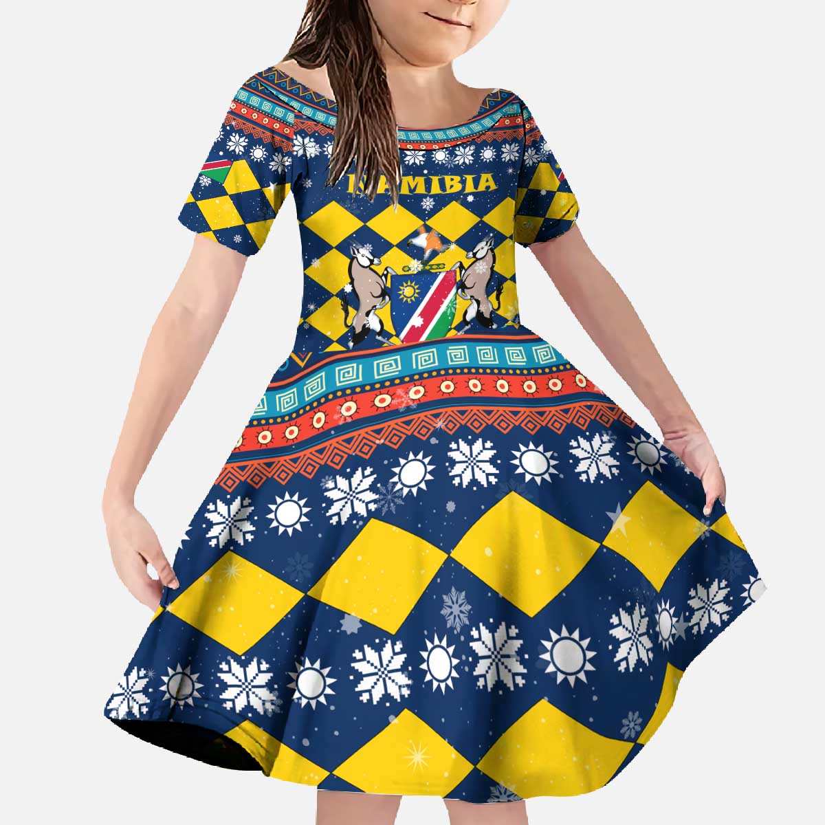 Namibia Christmas Family Matching Off The Shoulder Long Sleeve Dress and Hawaiian Shirt with Blue-Yellow Diamond Pattern, Coat of Arms, and Flag Map Motif - Wonder Print Shop