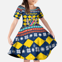 Namibia Christmas Family Matching Off The Shoulder Long Sleeve Dress and Hawaiian Shirt with Blue-Yellow Diamond Pattern, Coat of Arms, and Flag Map Motif - Wonder Print Shop