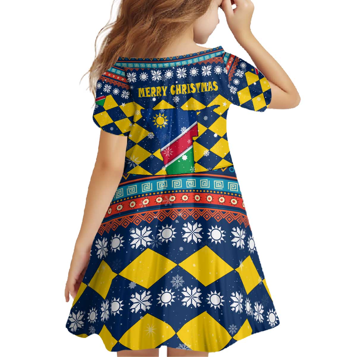 Namibia Christmas Family Matching Off The Shoulder Long Sleeve Dress and Hawaiian Shirt with Blue-Yellow Diamond Pattern, Coat of Arms, and Flag Map Motif - Wonder Print Shop