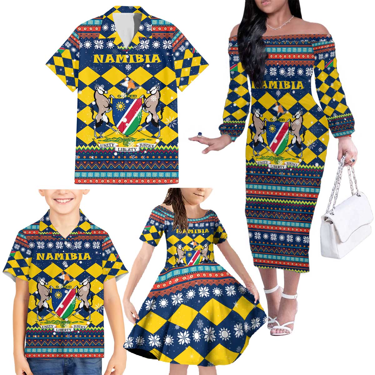 Namibia Christmas Family Matching Off The Shoulder Long Sleeve Dress and Hawaiian Shirt with Blue-Yellow Diamond Pattern, Coat of Arms, and Flag Map Motif - Wonder Print Shop