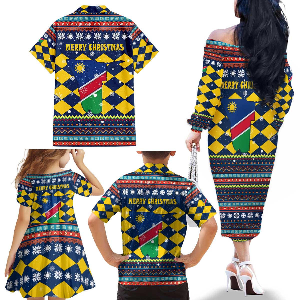 Namibia Christmas Family Matching Off The Shoulder Long Sleeve Dress and Hawaiian Shirt with Blue-Yellow Diamond Pattern, Coat of Arms, and Flag Map Motif - Wonder Print Shop