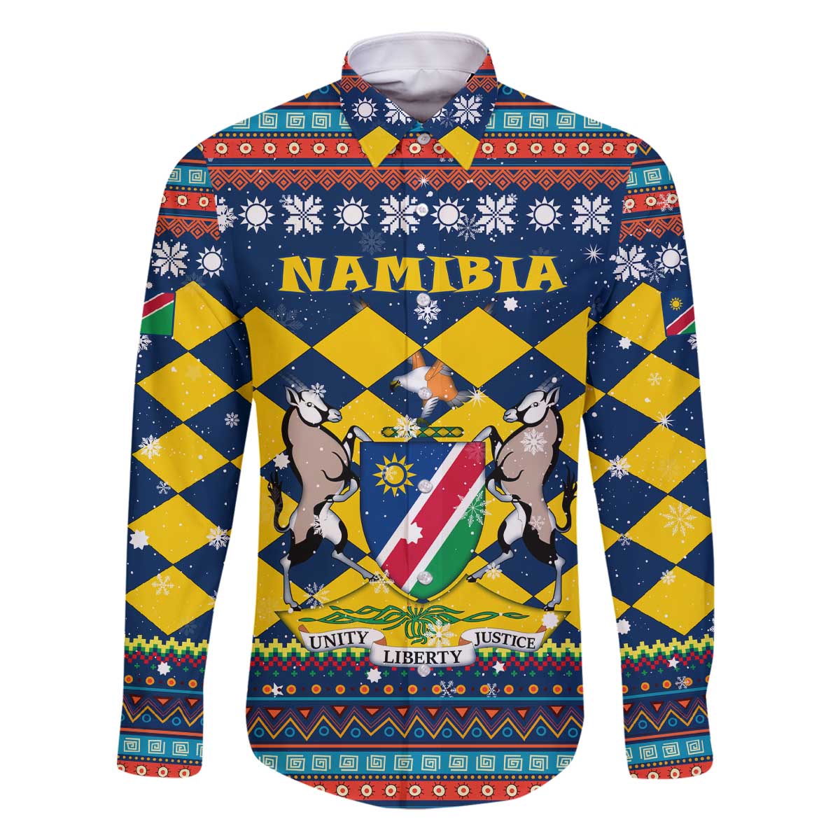 Namibia Christmas Family Matching Off The Shoulder Long Sleeve Dress and Hawaiian Shirt with Blue-Yellow Diamond Pattern, Coat of Arms, and Flag Map Motif - Wonder Print Shop