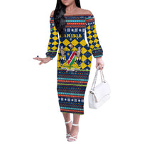Namibia Christmas Family Matching Off The Shoulder Long Sleeve Dress and Hawaiian Shirt with Blue-Yellow Diamond Pattern, Coat of Arms, and Flag Map Motif - Wonder Print Shop