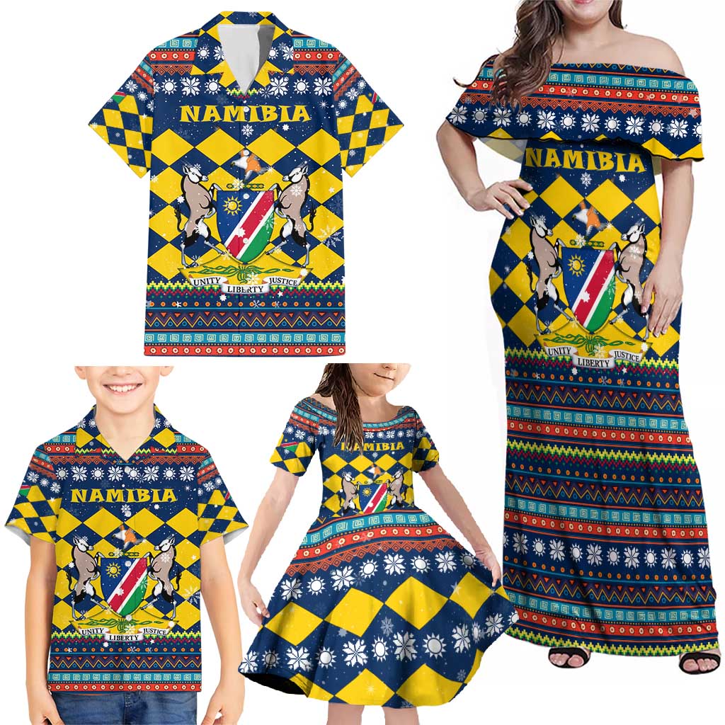 Namibia Christmas Family Matching Off Shoulder Maxi Dress and Hawaiian Shirt with Blue-Yellow Diamond Pattern, Coat of Arms, and Flag Map Motif - Wonder Print Shop