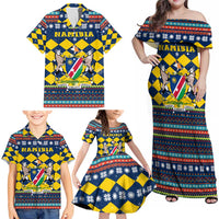 Namibia Christmas Family Matching Off Shoulder Maxi Dress and Hawaiian Shirt with Blue-Yellow Diamond Pattern, Coat of Arms, and Flag Map Motif - Wonder Print Shop