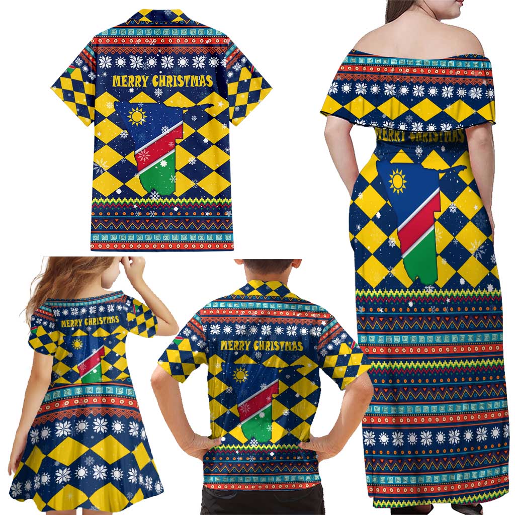 Namibia Christmas Family Matching Off Shoulder Maxi Dress and Hawaiian Shirt with Blue-Yellow Diamond Pattern, Coat of Arms, and Flag Map Motif - Wonder Print Shop