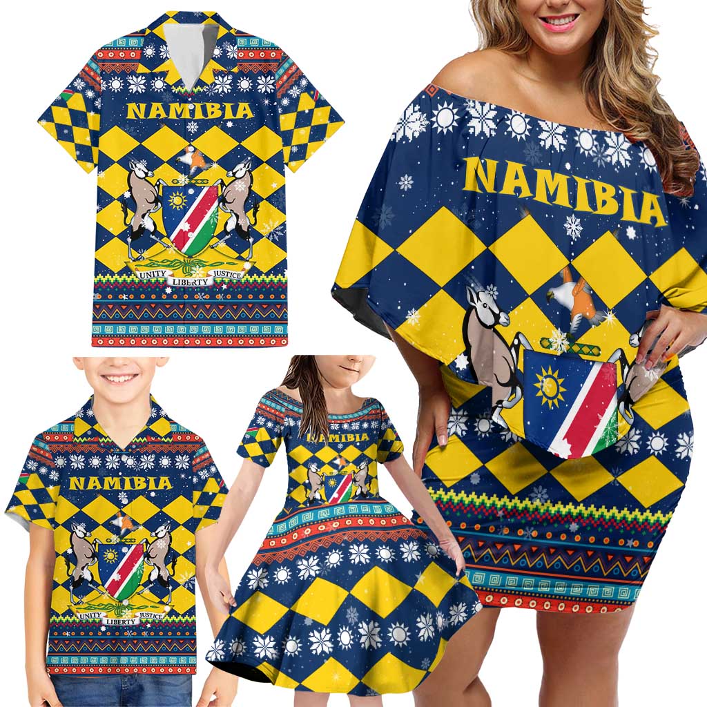 Namibia Christmas Family Matching Off Shoulder Short Dress and Hawaiian Shirt with Blue-Yellow Diamond Pattern, Coat of Arms, and Flag Map Motif - Wonder Print Shop
