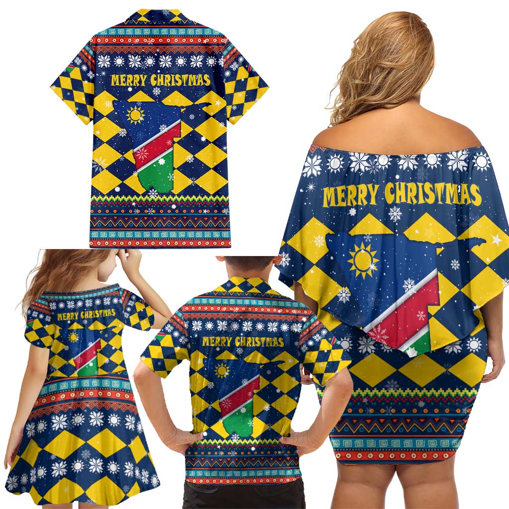 Namibia Christmas Family Matching Off Shoulder Short Dress and Hawaiian Shirt with Blue-Yellow Diamond Pattern, Coat of Arms, and Flag Map Motif - Wonder Print Shop