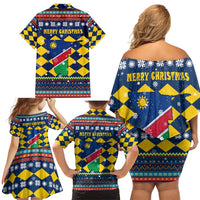 Namibia Christmas Family Matching Off Shoulder Short Dress and Hawaiian Shirt with Blue-Yellow Diamond Pattern, Coat of Arms, and Flag Map Motif - Wonder Print Shop