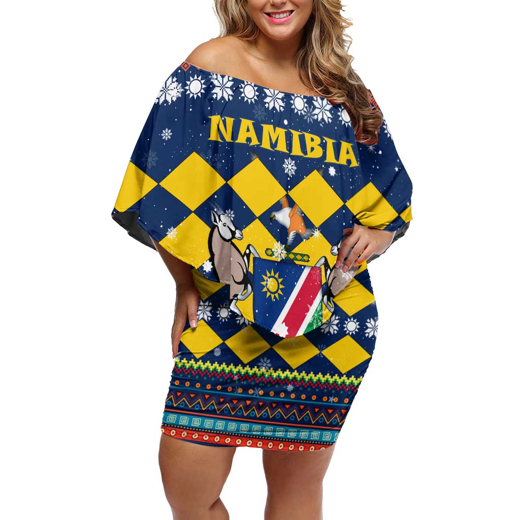 Namibia Christmas Family Matching Off Shoulder Short Dress and Hawaiian Shirt with Blue-Yellow Diamond Pattern, Coat of Arms, and Flag Map Motif - Wonder Print Shop