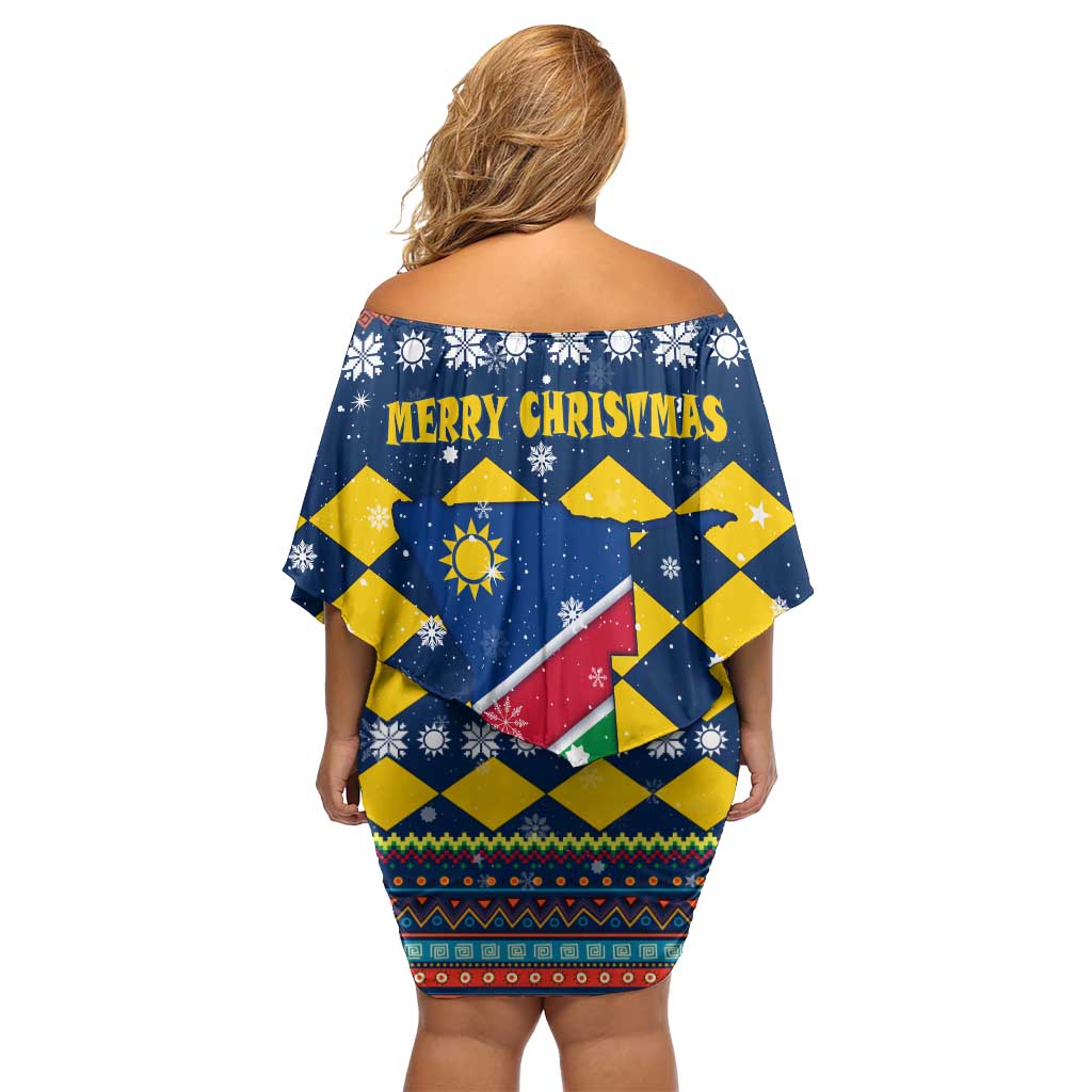 Namibia Christmas Family Matching Off Shoulder Short Dress and Hawaiian Shirt with Blue-Yellow Diamond Pattern, Coat of Arms, and Flag Map Motif - Wonder Print Shop