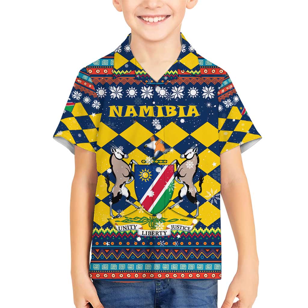 Namibia Christmas Family Matching Off Shoulder Short Dress and Hawaiian Shirt with Blue-Yellow Diamond Pattern, Coat of Arms, and Flag Map Motif - Wonder Print Shop