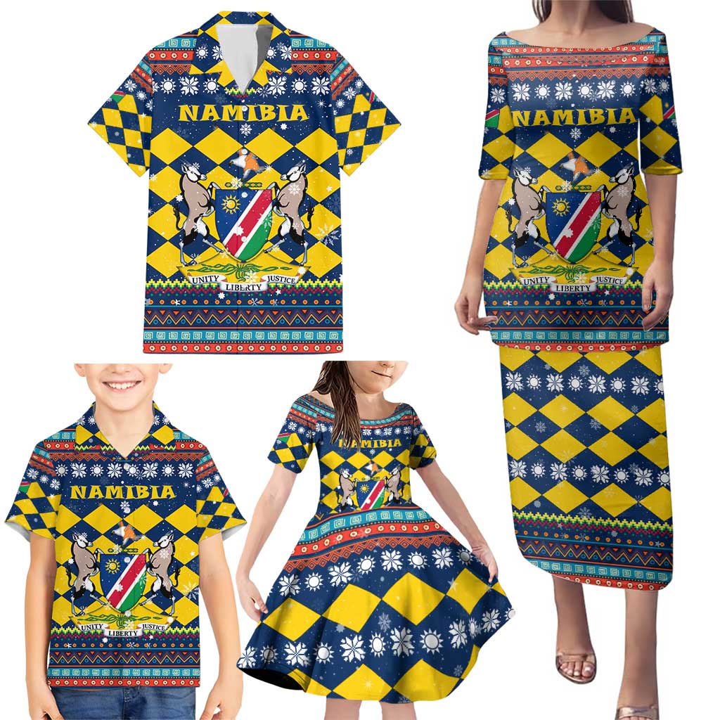 Namibia Christmas Family Matching Puletasi and Hawaiian Shirt with Blue-Yellow Diamond Pattern, Coat of Arms, and Flag Map Motif - Wonder Print Shop