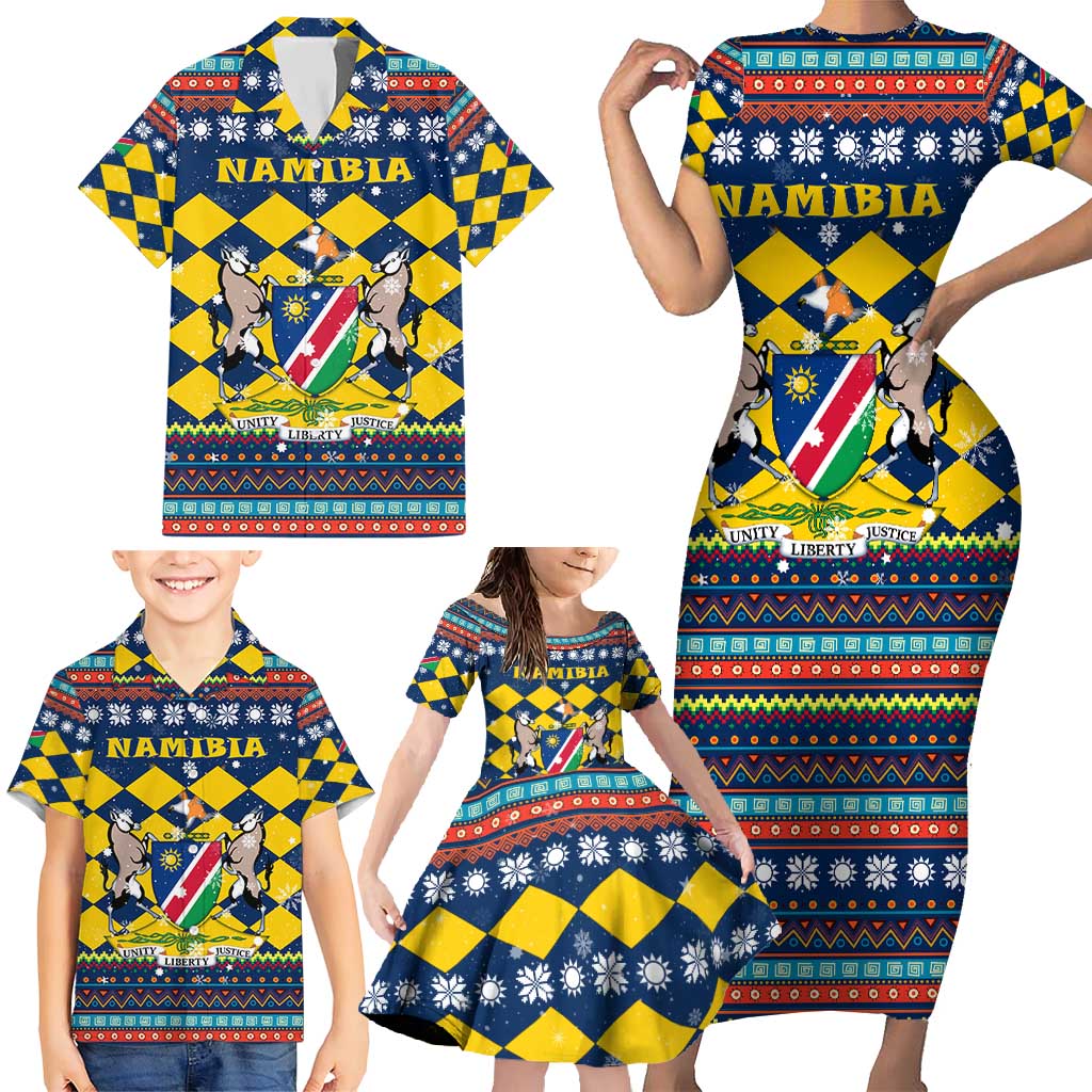 Namibia Christmas Family Matching Short Sleeve Bodycon Dress and Hawaiian Shirt with Blue-Yellow Diamond Pattern, Coat of Arms, and Flag Map Motif - Wonder Print Shop