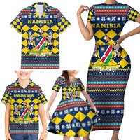 Namibia Christmas Family Matching Short Sleeve Bodycon Dress and Hawaiian Shirt with Blue-Yellow Diamond Pattern, Coat of Arms, and Flag Map Motif - Wonder Print Shop